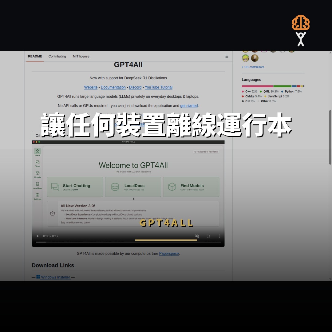 77,409 星開源項目：GPT4All — 讓任何裝置離線運行本地 LLM