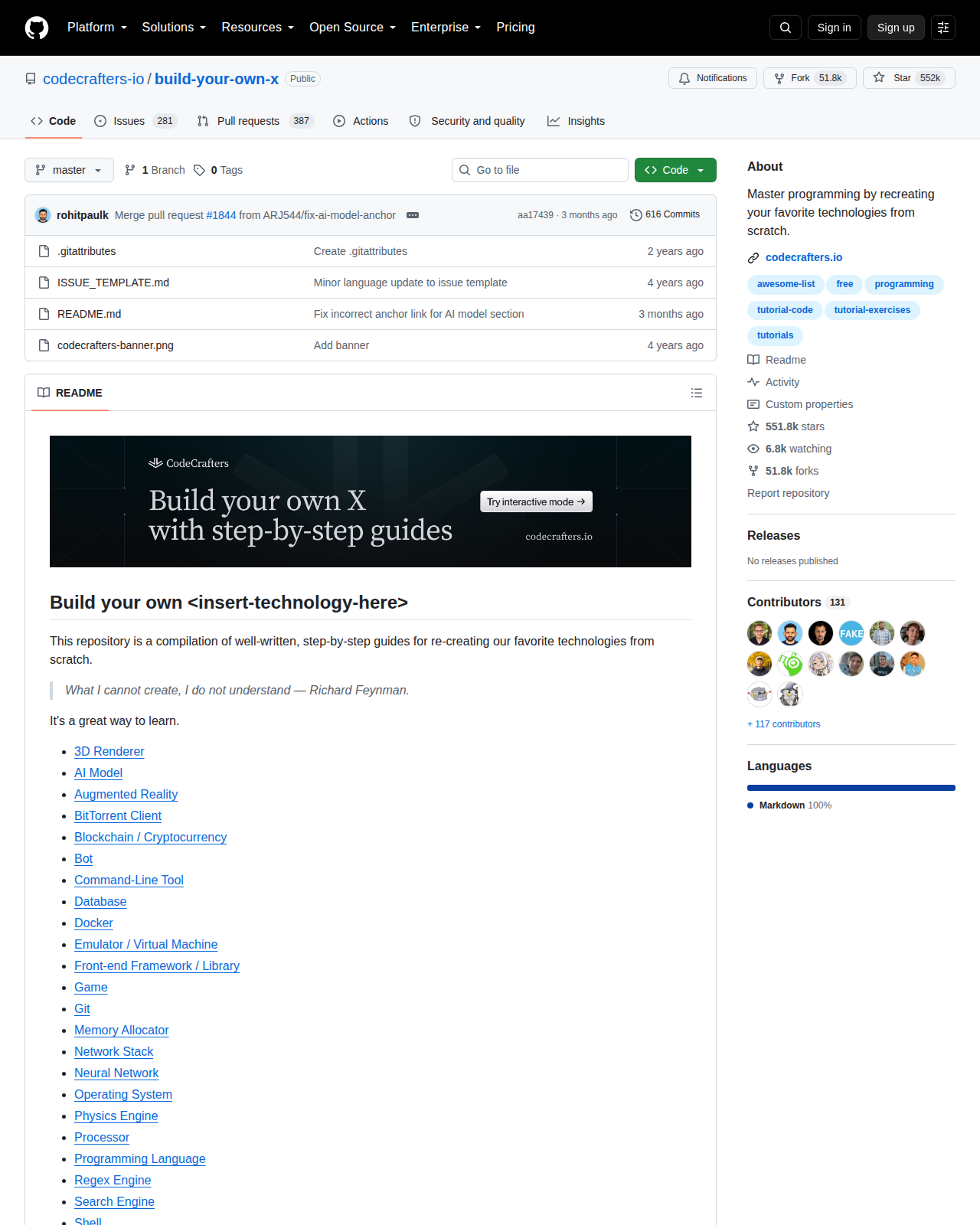 build-your-own-x 的 GitHub 儲存庫首頁頂部，顯示 repo 名稱 codecrafters-io/build-your-own-x、Star 數 552k、Fork 數 52k 與專案描述