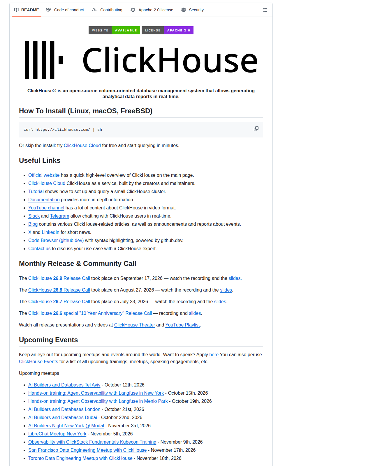 ClickHouse 的 GitHub 儲存庫 README 開頭，顯示官方標誌與說明文字，指出 ClickHouse 是一套開源的列式資料庫管理系統，可即時產生分析報表，下方列出 Linux、macOS 與 FreeBSD 的一行安裝指令以及官方文件、教學與社群連結