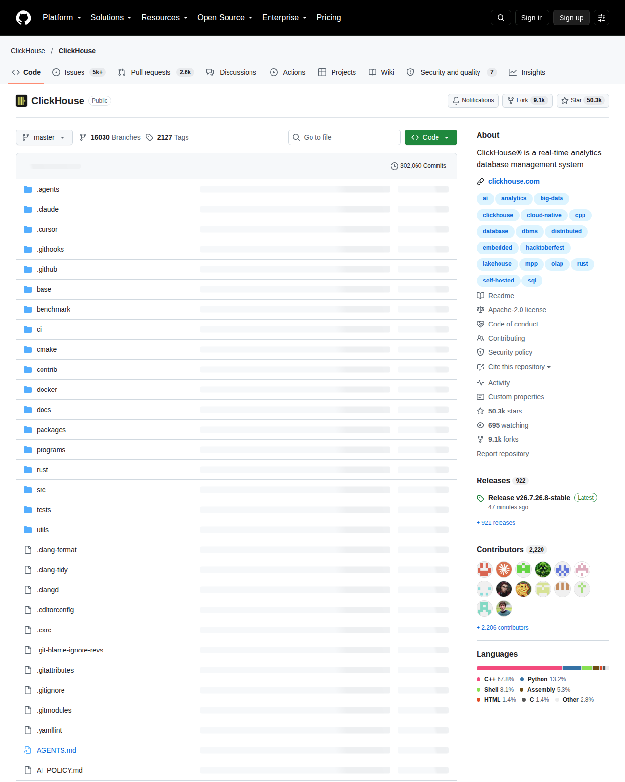 ClickHouse 的 GitHub 儲存庫首頁頂部，顯示儲存庫名稱 ClickHouse/ClickHouse、專案描述、星標數字 50.3k 與分支數 9.1k，以及 Apache 2.0 授權與 C++ 語言標示