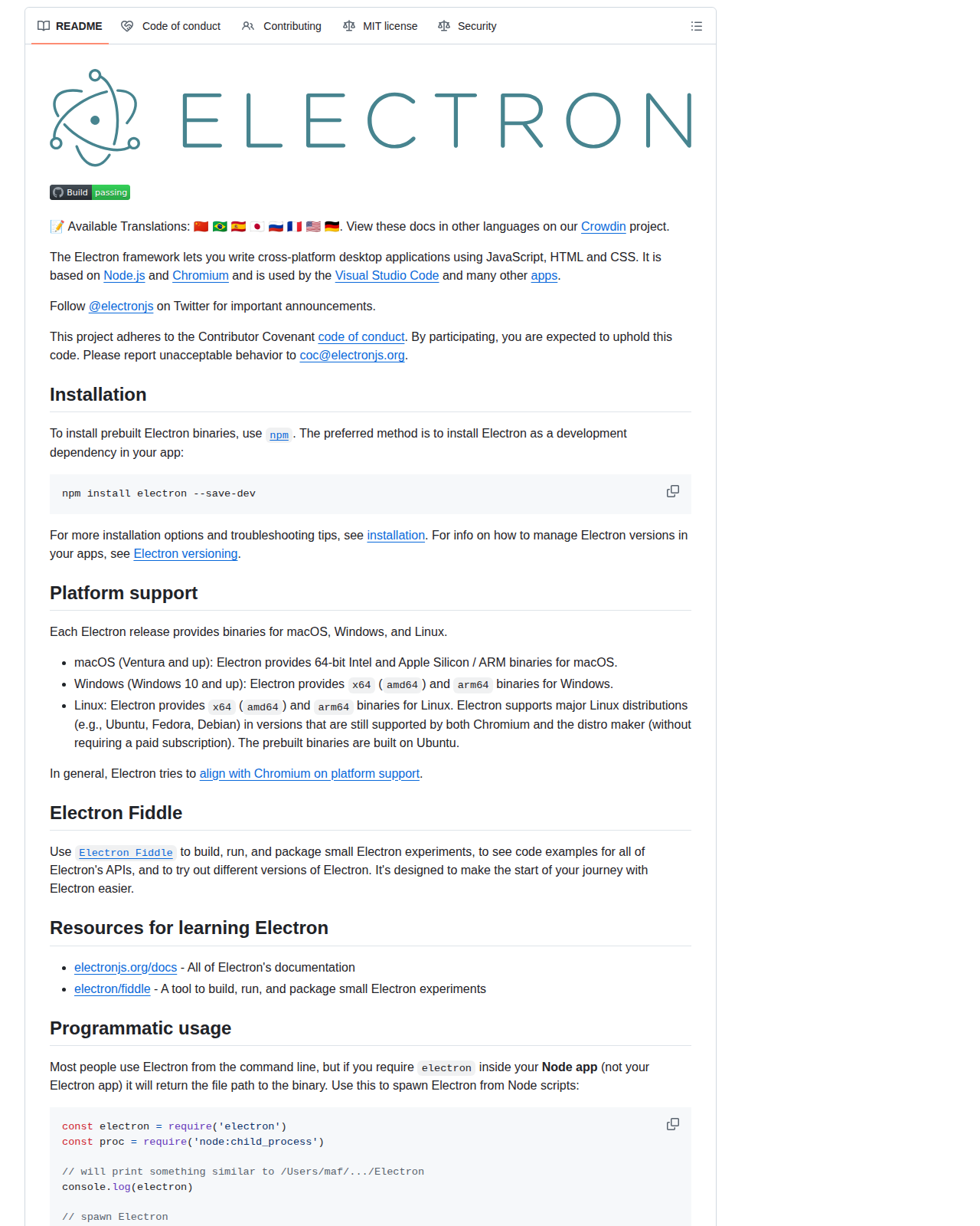 Electron 的 GitHub 儲存庫 README 開頭，顯示 Electron 標誌與專案名稱，以及「The Electron framework lets you write cross-platform desktop applications using JavaScript, HTML and CSS」的定位說明，並標示底層基於 Node.js 與 Chromium