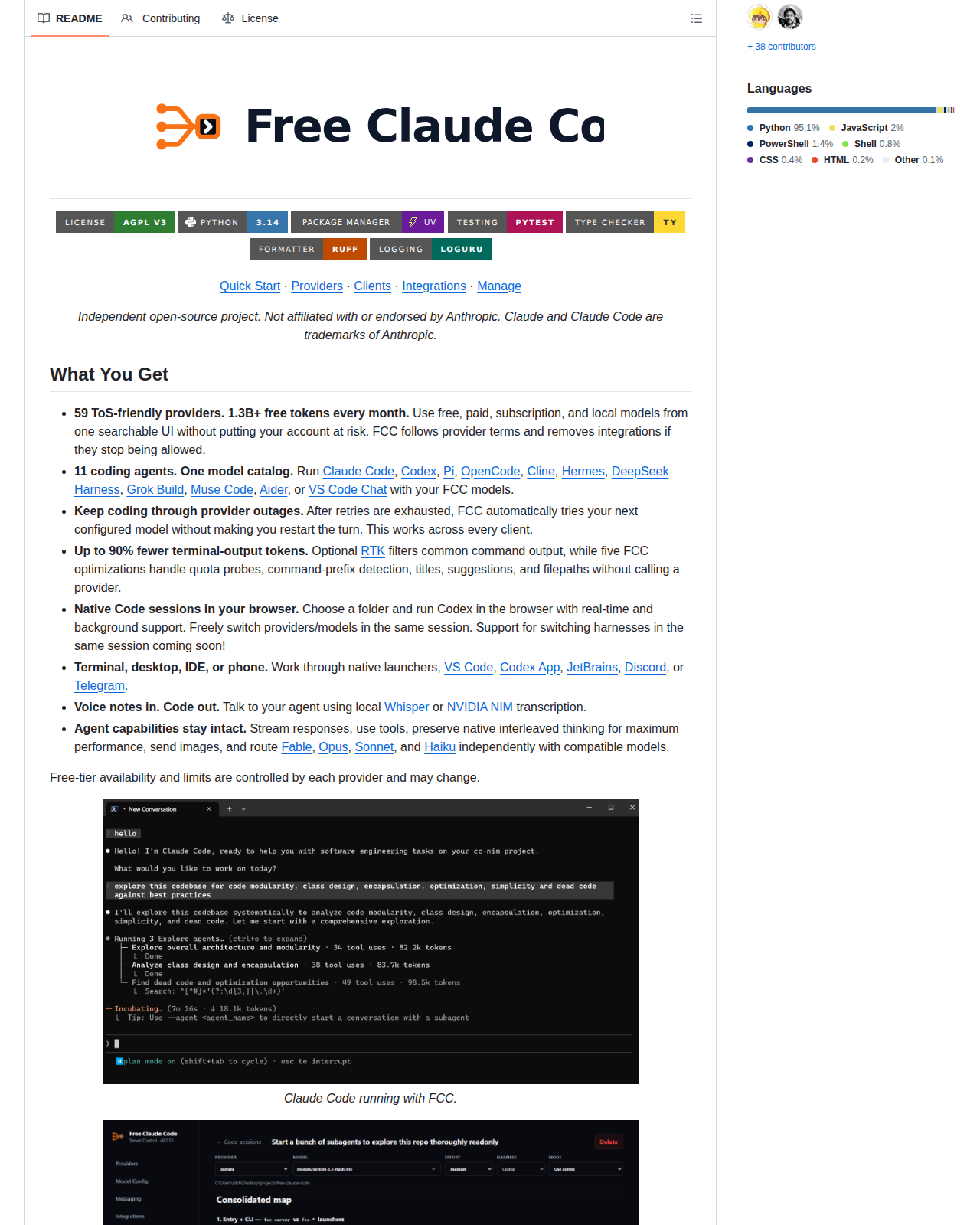 free-claude-code 的 GitHub 儲存庫 README 開頭，顯示專案名稱 Free Claude Code、標語說明，以及 AGPL v3 授權、Python 3.14、uv 套件管理等徽章