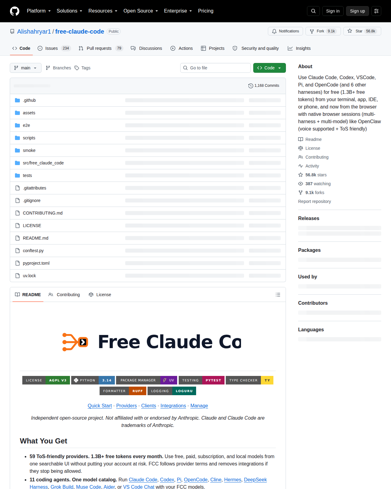 free-claude-code 的 GitHub 儲存庫首頁頂部，顯示 repo 名稱 Alishahryar1/free-claude-code、56.8k 星標、9.1k 複製次數、686 個版本標籤與專案描述