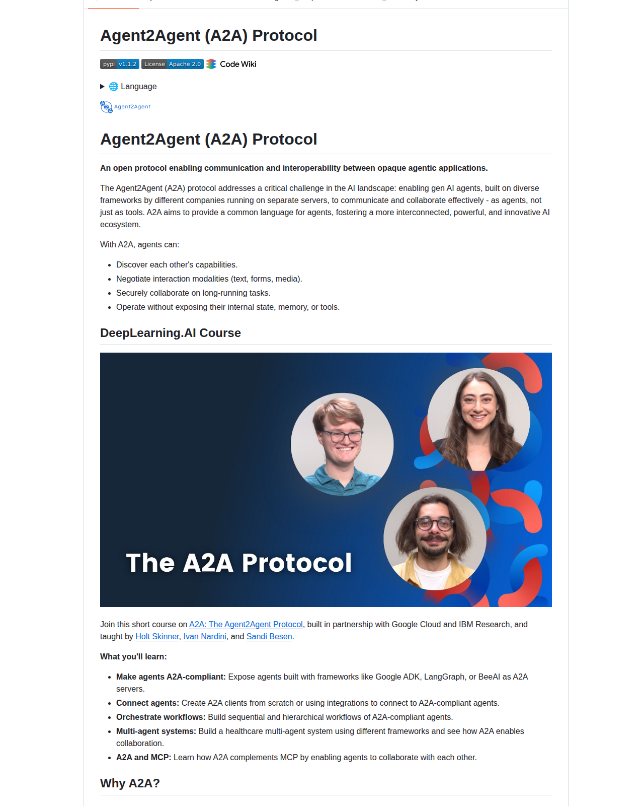 A2A 協議 README 開頭（項目名稱與定位描述）
