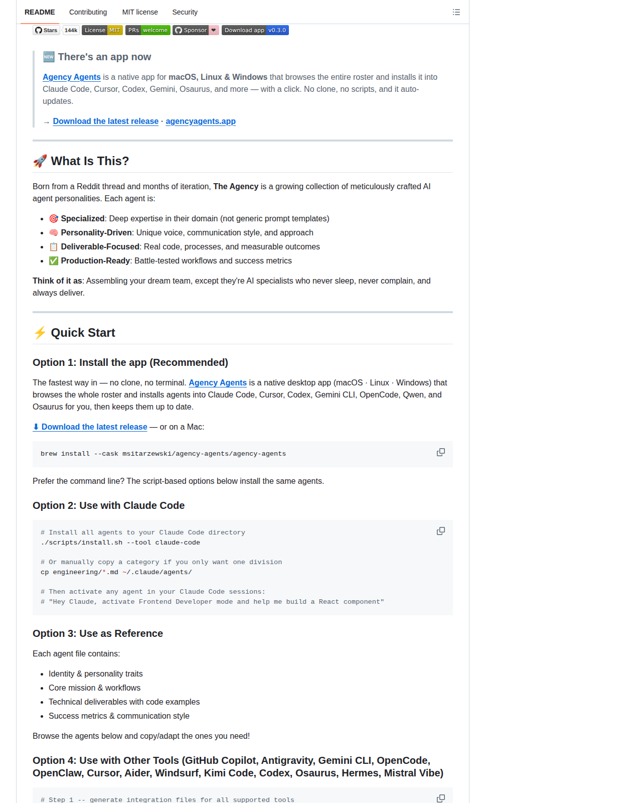 Agency Agents README 開頭（項目名稱 The Agency 與 AI Specialists Ready to Transform Your Workflow 標語）