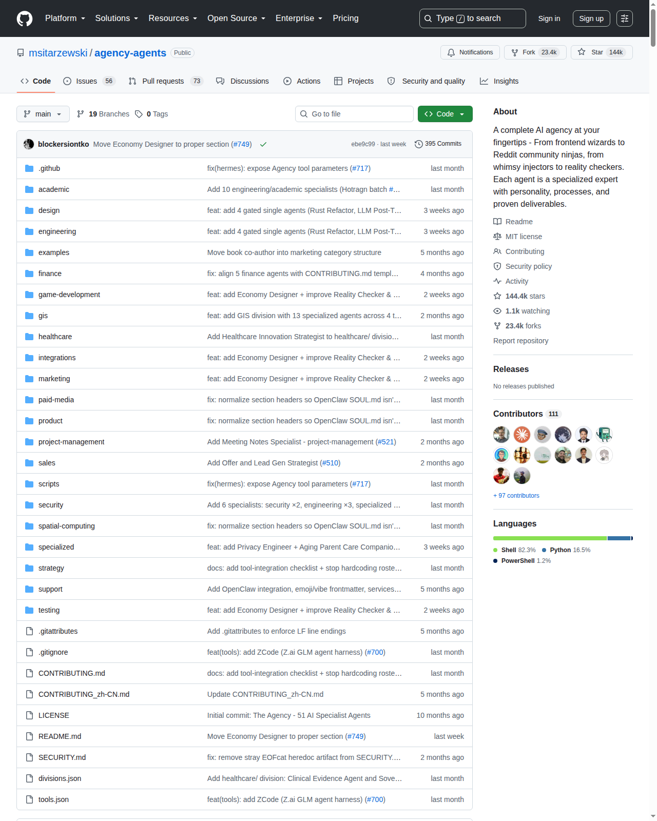 Agency Agents GitHub 首頁頂部（repo 名稱 msitarzewski/agency-agents + 144,431 Star 數量 + 項目描述）