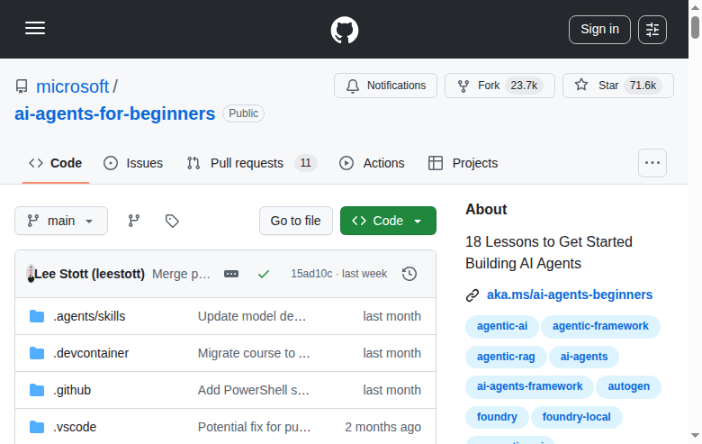 Microsoft AI Agents for Beginners GitHub 主頁（repo 名 + 71.6k stars + 項目描述）