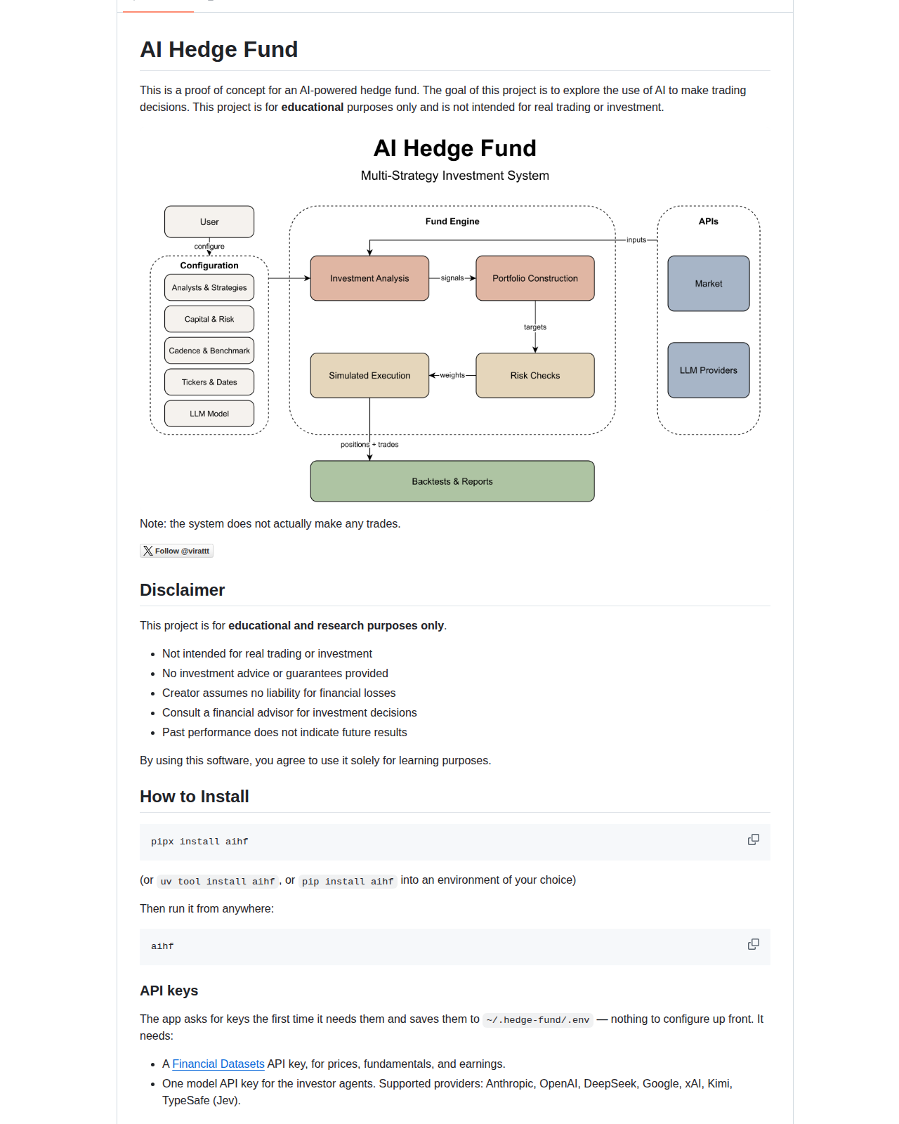 AI Hedge Fund README 開頭（專案名稱與定位說明，載明僅供教育與研究用途）