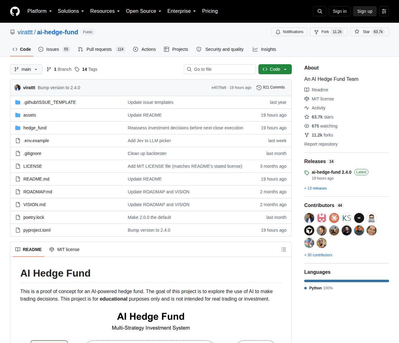 AI Hedge Fund GitHub About 側欄（63.7k 星標、11.2k 分支、675 位關注者與 44 位貢獻者）