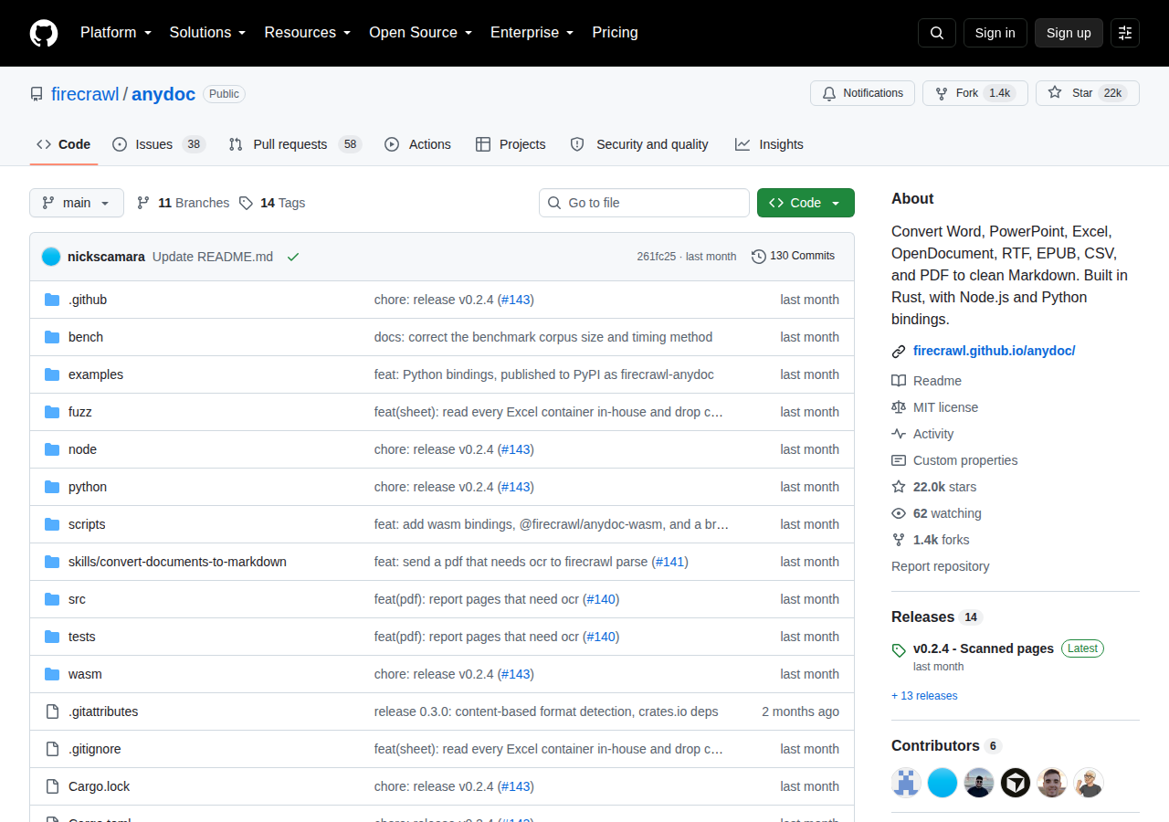 firecrawl/anydoc GitHub 儲存庫頁面頂部（儲存庫名稱 firecrawl/anydoc、Star 數 22k 與 Rust 語言標示）