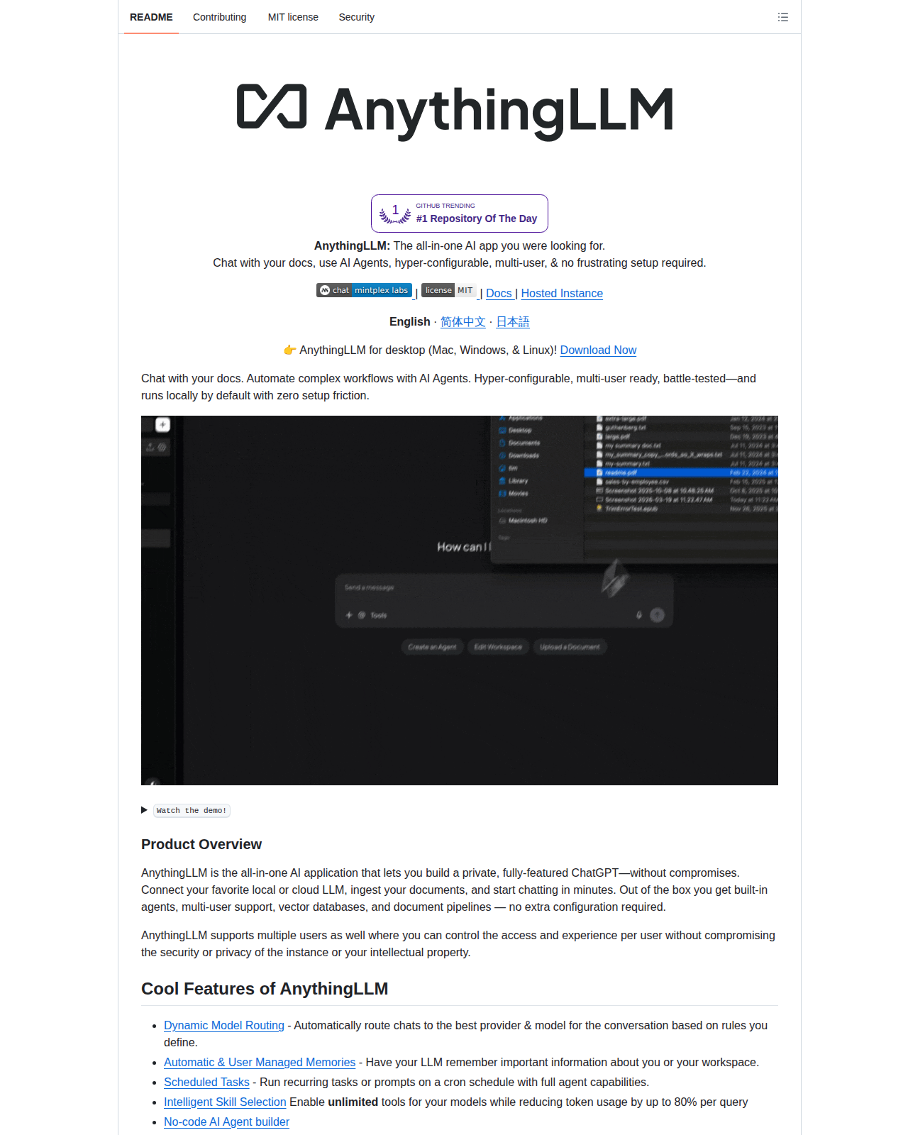 AnythingLLM README 開頭（項目名稱「AnythingLLM」大字標誌 + GitHub Trending 第 1 名徽章 + 「The all-in-one AI app you were looking for」標語 + 功能介紹開頭段落）