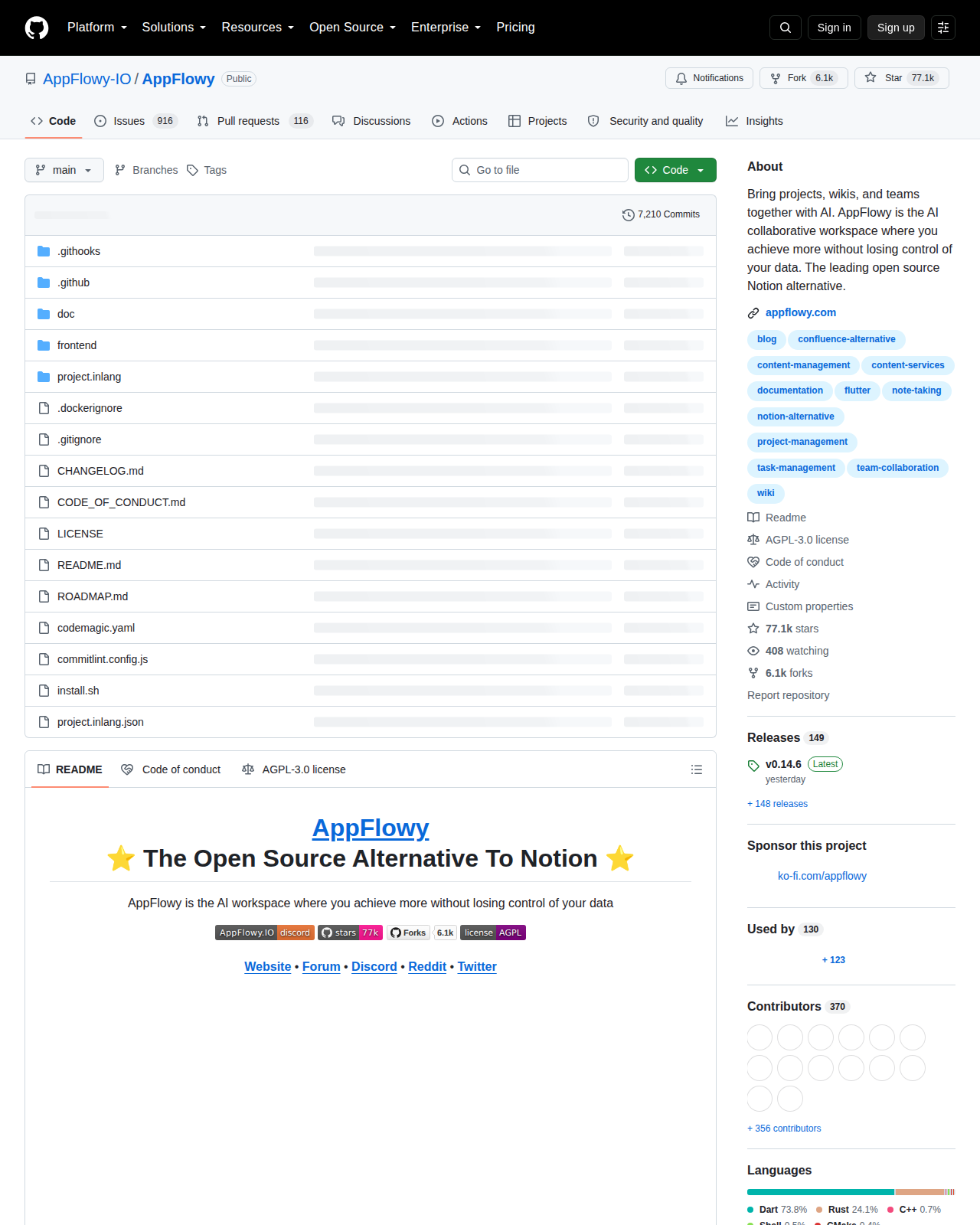 AppFlowy 的 GitHub 儲存庫首頁，顯示儲存庫名稱 AppFlowy-IO/AppFlowy、星標數與專案描述