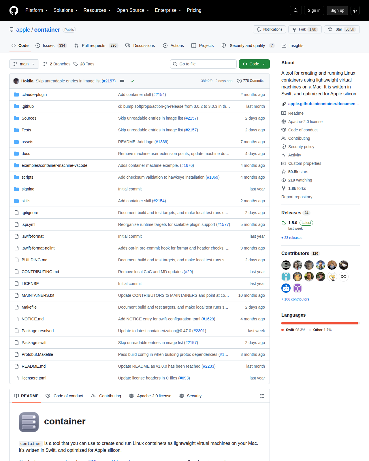 apple/container 的 GitHub 儲存庫首頁頂部，顯示儲存庫名稱 apple/container、50.5k 顆星標、1.8k 次複製、主要語言 Swift 與檔案清單