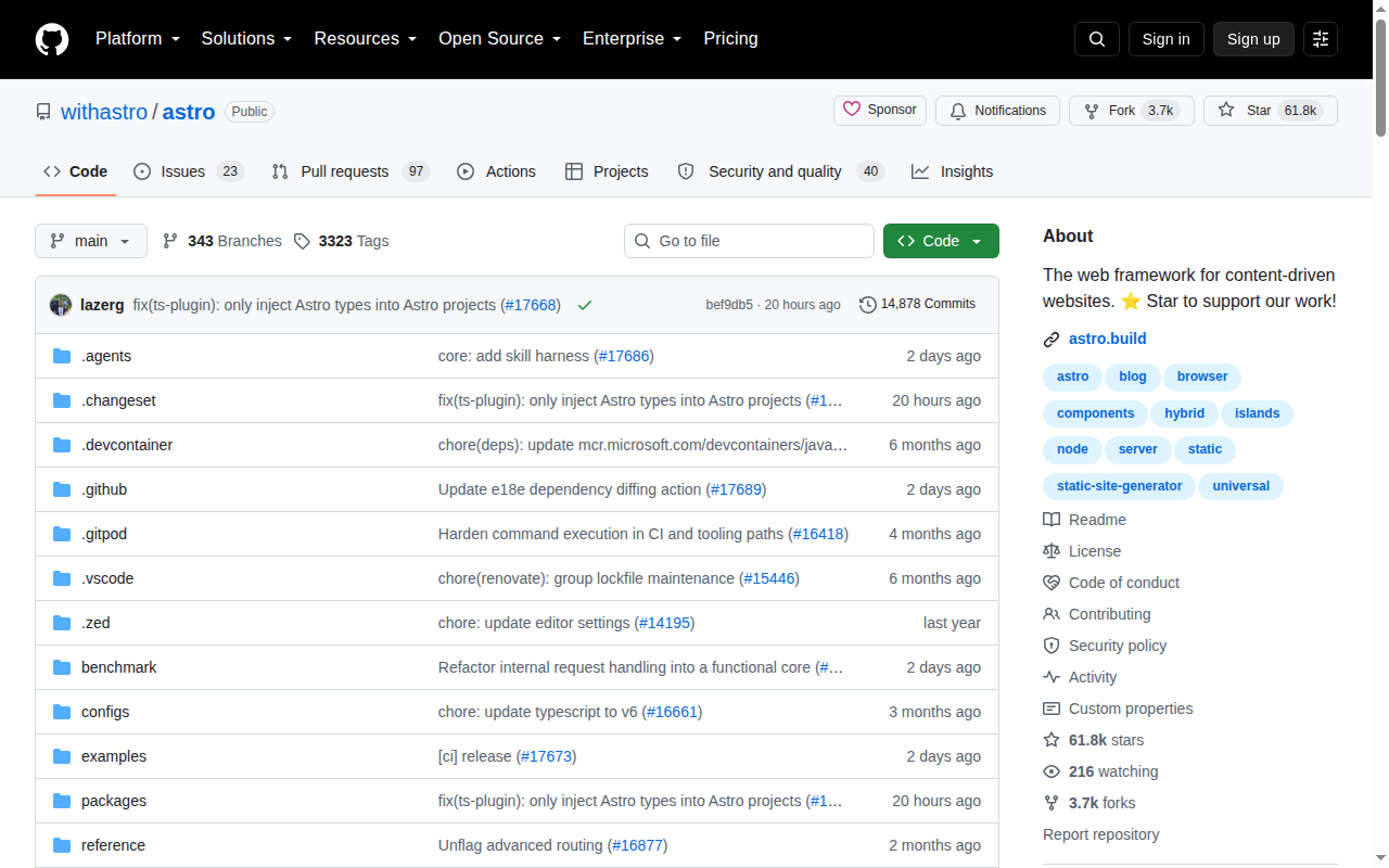 Astro GitHub 首頁頂部（repo 名稱 withastro/astro + Star 61.8k + 描述「The web framework for content-driven websites」+ 主要語言 TypeScript + MIT 授權 + 檔案目錄與最近提交紀錄）