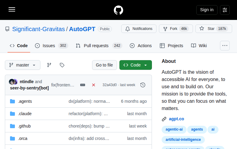 AutoGPT GitHub 首頁頂部（repo 名 + Star 數 + 描述）
