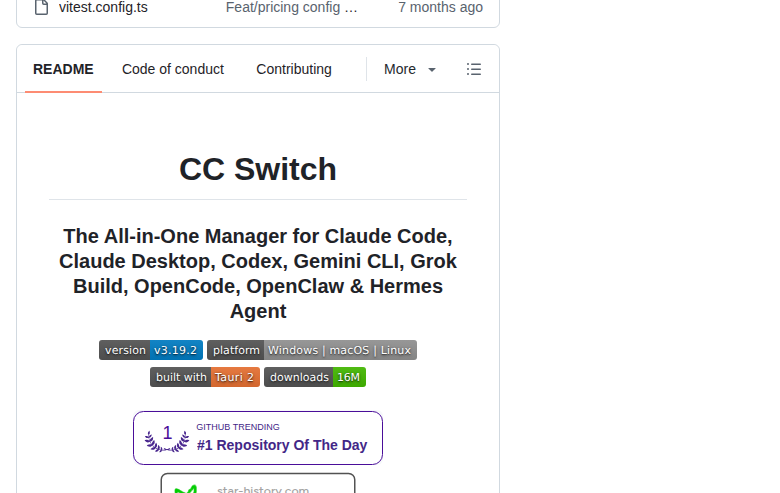 CC Switch README 開頭(項目名稱「CC Switch」大字 + 標語「The All-in-One Manager for Claude Code, Claude Desktop, Codex, Gemini CLI, Grok Build, OpenCode, OpenClaw & Hermes Agent」+ 版本與平台徽章 + Trendshift 與 Star History 熱門徽章)