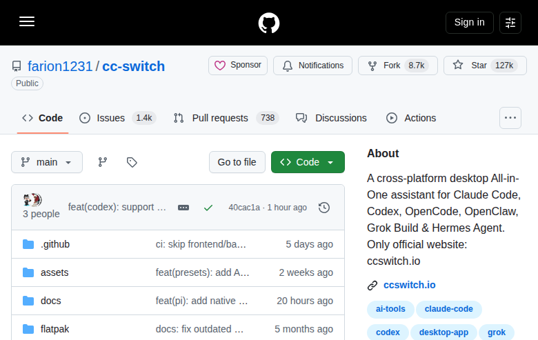 CC Switch GitHub 首頁頂部(repo 名稱「farion1231/cc-switch」+ Star 127k + Fork 8.7k + 描述「A cross-platform desktop All-in-One assistant for Claude Code, Codex, OpenCode, OpenClaw, Grok Build & Hermes Agent」+ 官方網站連結 + 主題標籤)