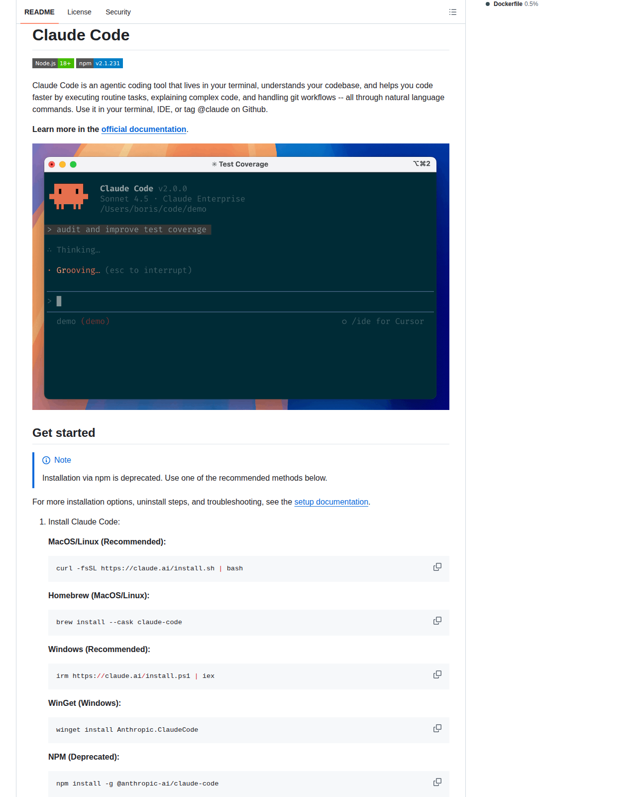 Claude Code README 開頭（項目名稱 + 官方簡介）