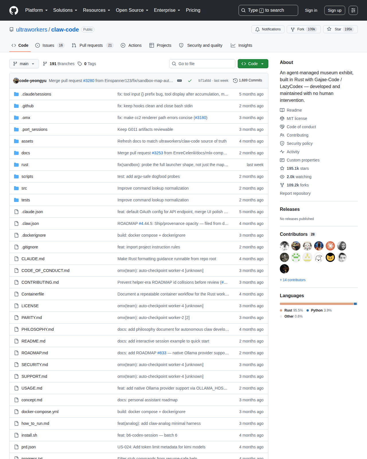 Claw Code GitHub 首頁頂部（repo 名 ultraworkers/claw-code + 195k Star + 項目描述）