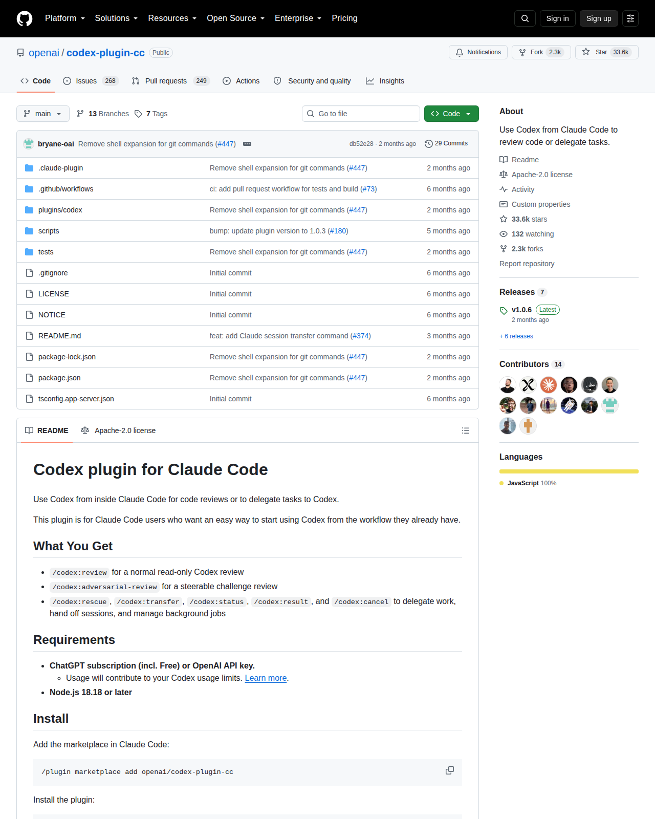 Codex 插件的 GitHub 儲存庫首頁頂部（顯示 repo 名稱 openai/codex-plugin-cc、星標數與專案描述）