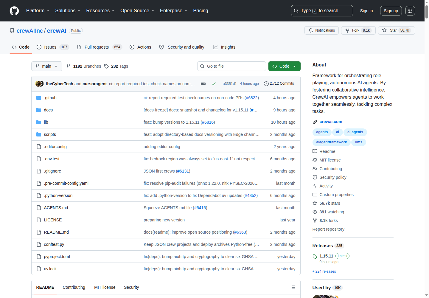 CrewAI GitHub 主頁（56.7k stars + 項目描述）
