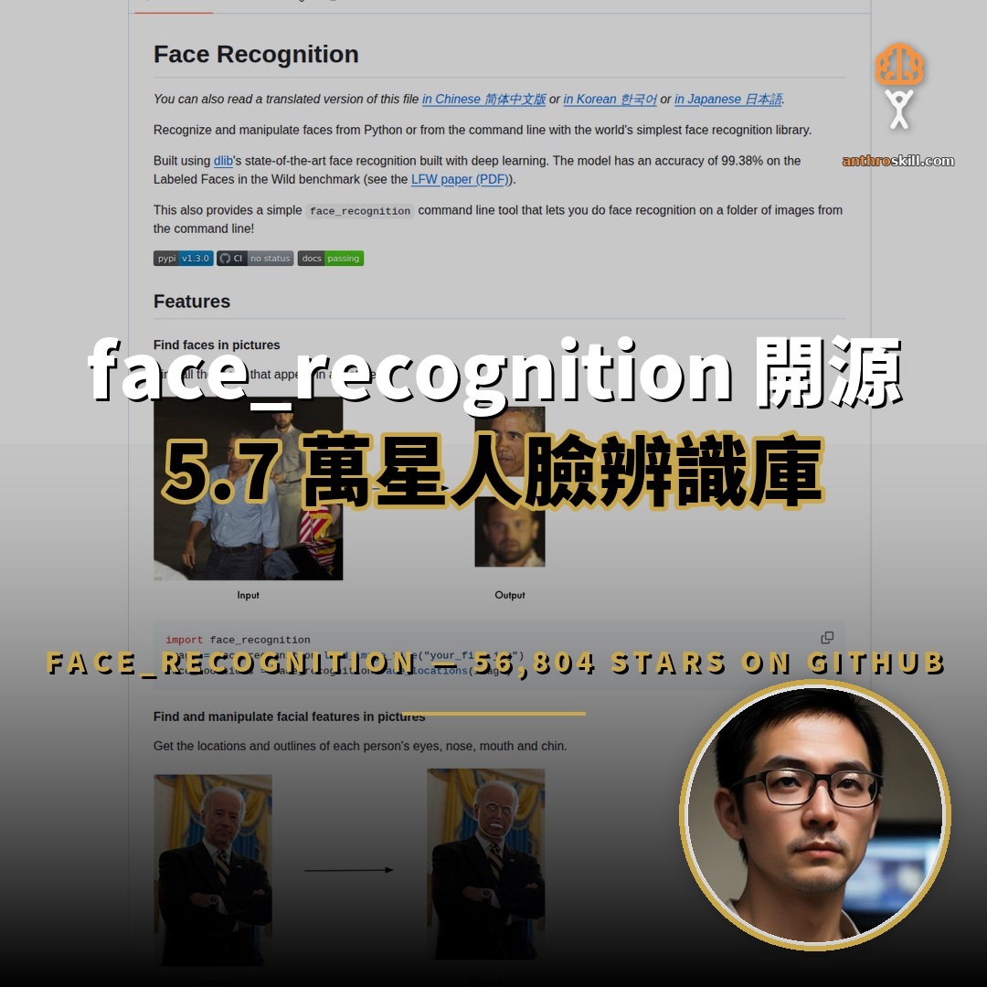 face_recognition 開源：5.7 萬星的人臉辨識入門庫