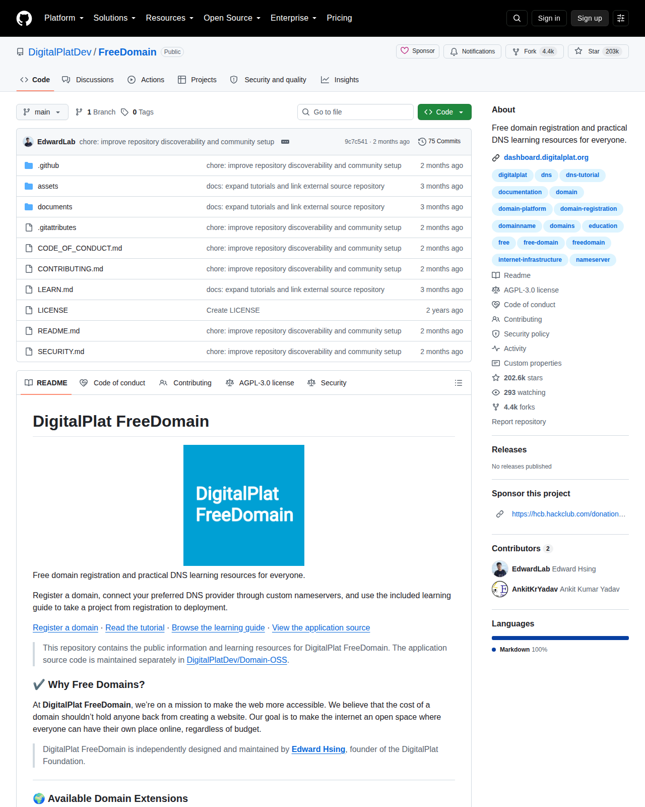 FreeDomain 的 GitHub 儲存庫頂部，顯示專案名稱 DigitalPlatDev/FreeDomain、主要語言 Markdown、星標數 202,637 與 AGPL-3.0 授權標示