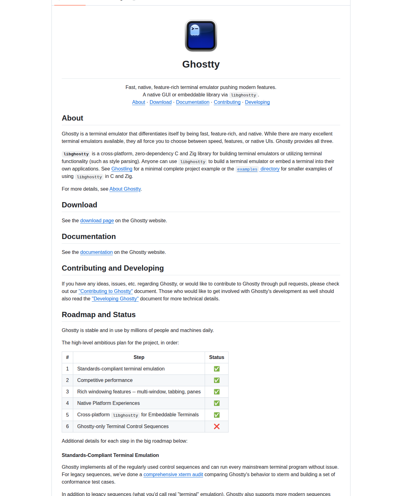Ghostty README 開頭（項目名稱與標語，顯示 Ghostty 是快速、原生、功能豐富的終端模擬器）