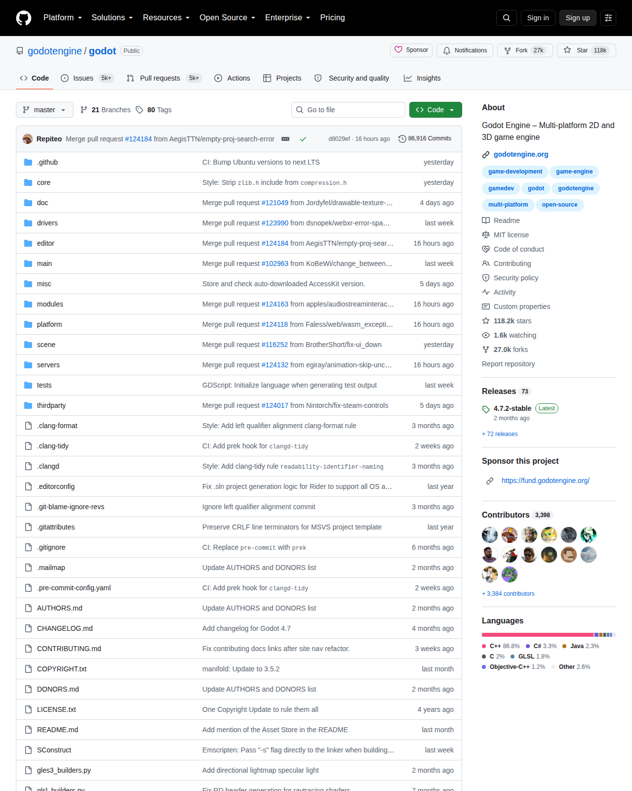 Godot Engine 的 GitHub 首頁頂部，顯示 repo 名稱 godotengine/godot、Star 數 118k、Fork 數 27k 與專案描述