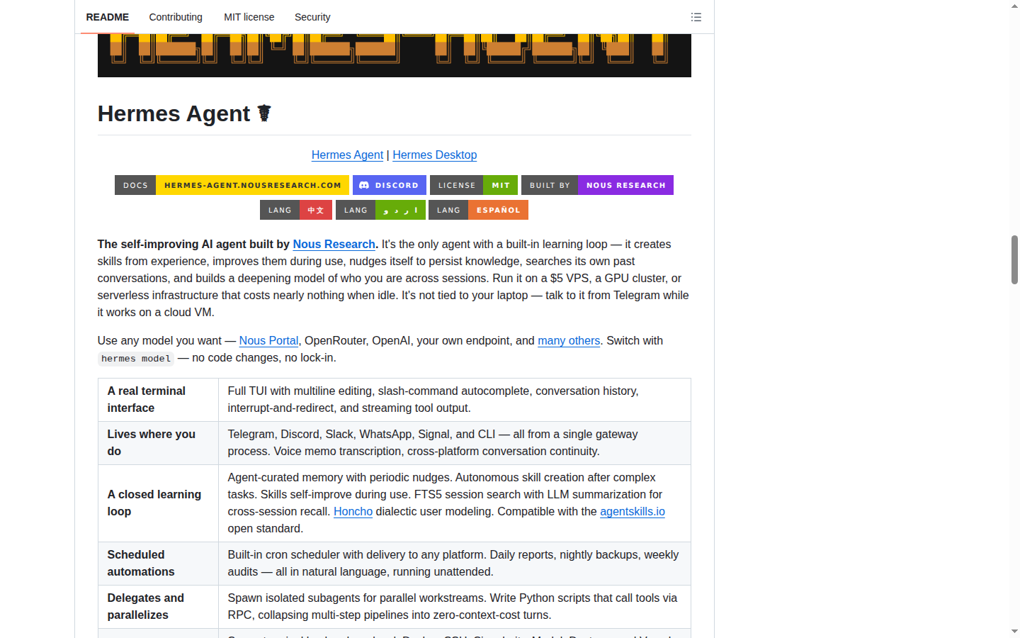 Hermes Agent README 開頭（項目 H1 大字 + 定位描述）