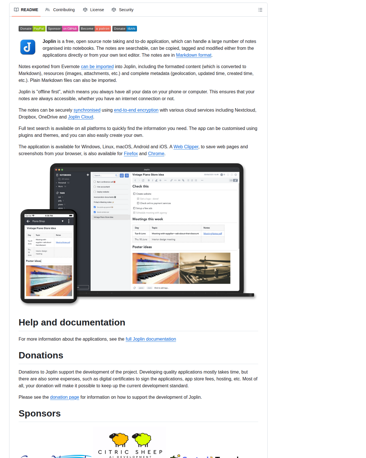 Joplin 的 GitHub README 開頭，顯示專案名稱 Joplin 與說明文字，內容涵蓋開源筆記與待辦應用定位、Markdown 格式、Evernote 匯入能力、離線優先設計與跨平台支援清單