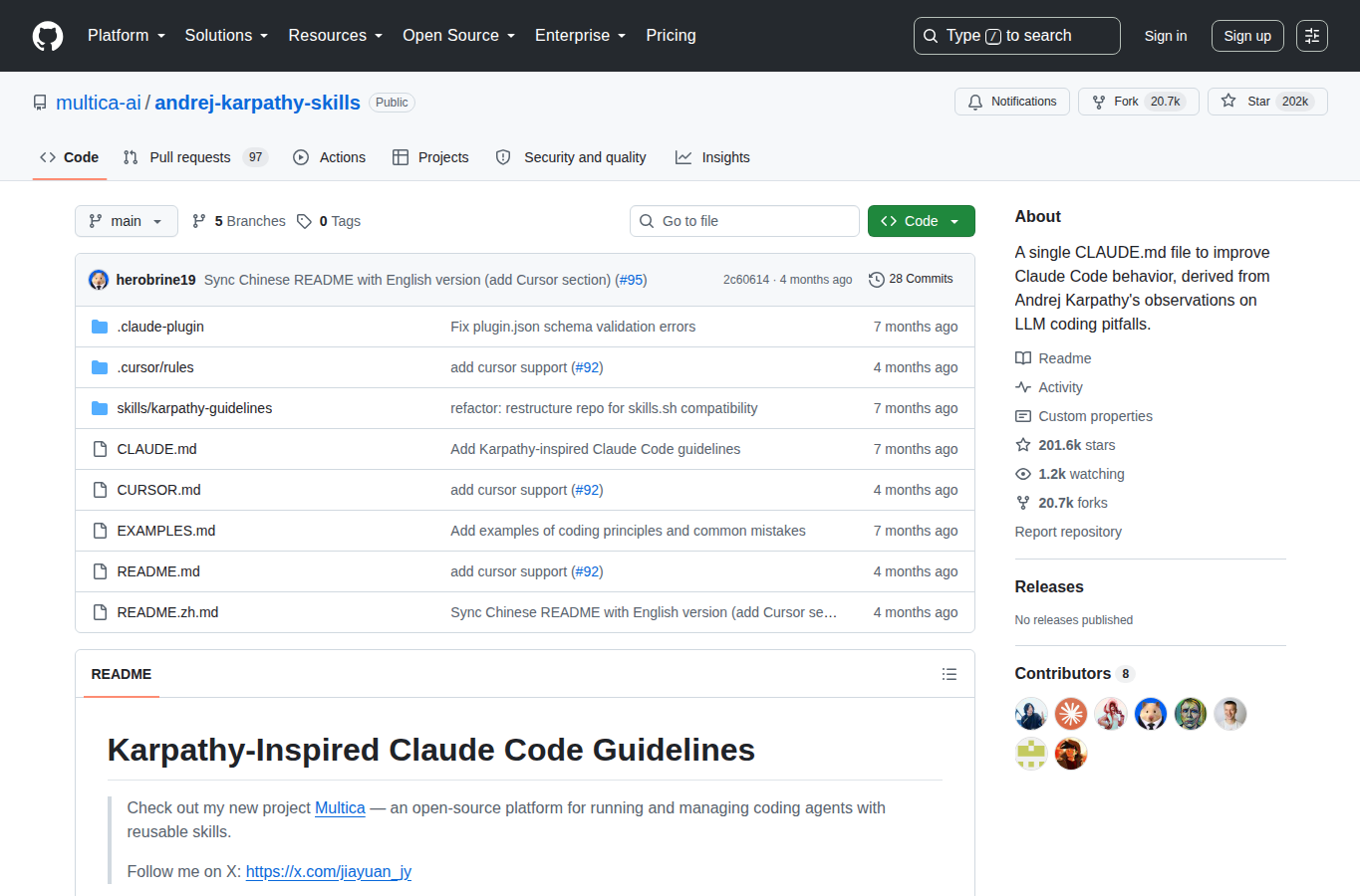 andrej-karpathy-skills GitHub 首頁頂部(repo 名稱「multica-ai/andrej-karpathy-skills」+ 201k 星標 + 描述「A single CLAUDE.md file to improve Claude Code behavior」+ 20.7k Forks + 更新時間)