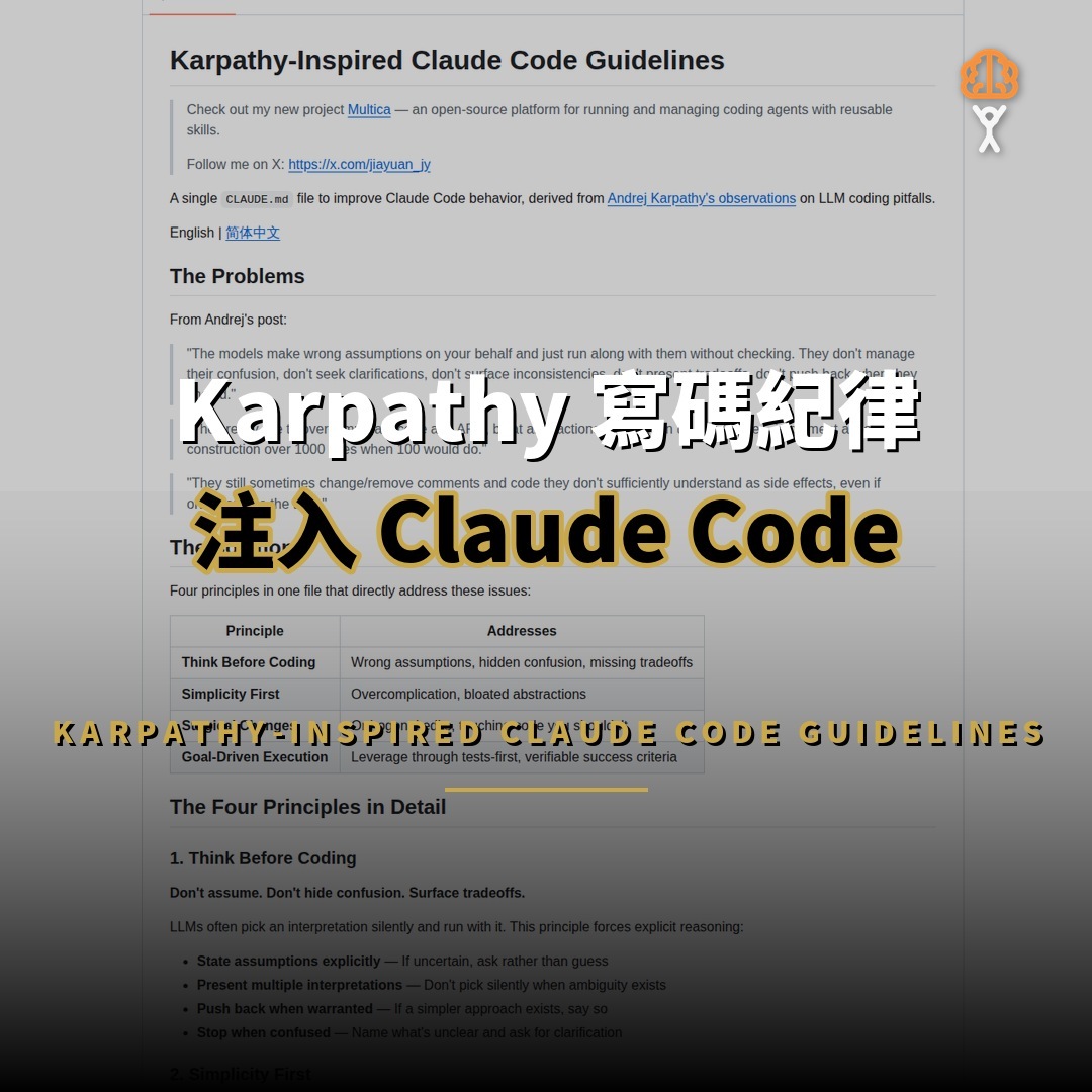 20.6萬星開源項目：Karpathy 寫碼指南 — 讓 AI 代理寫出有紀律的程式碼