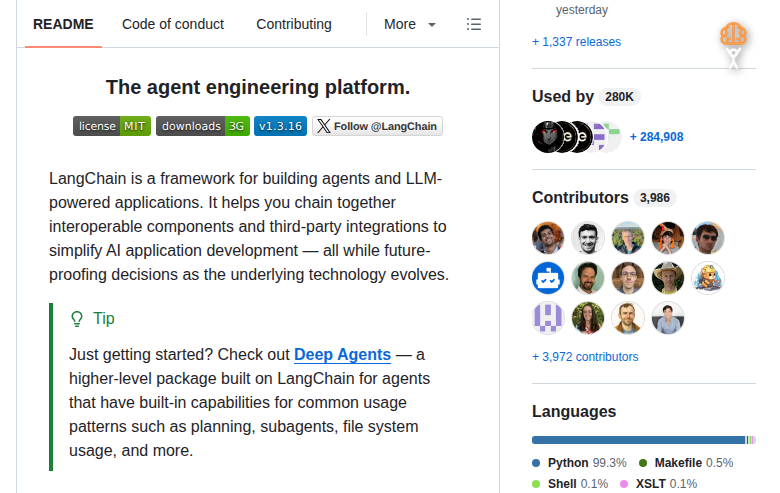 LangChain GitHub 主頁（143.5k stars + 項目描述）
