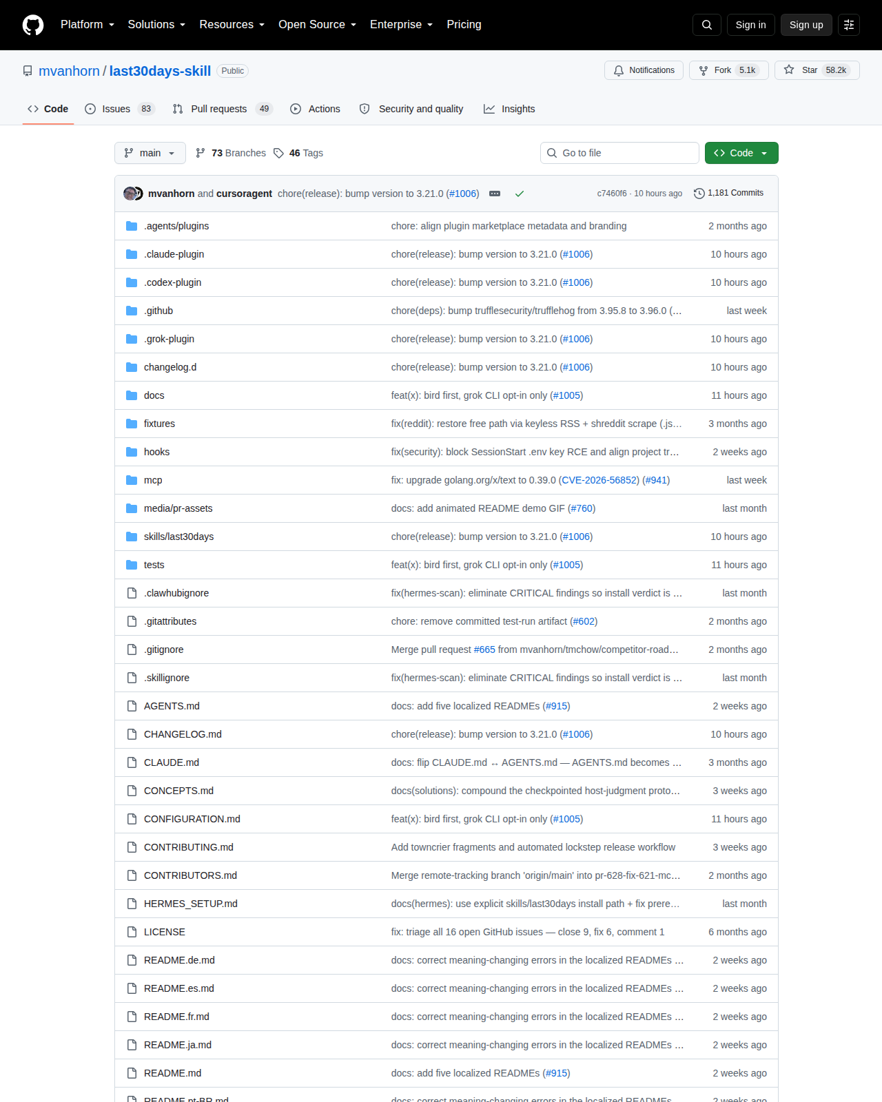 last30days GitHub 首頁頂部（repo 名稱「mvanhorn/last30days-skill」+ 58.2k 星標 + 5.1k Forks + 描述「AI agent skill that researches any topic across Reddit, X, YouTube, HN, Polymarket, and the web」+ 1,181 Commits 與分支/標籤資訊）