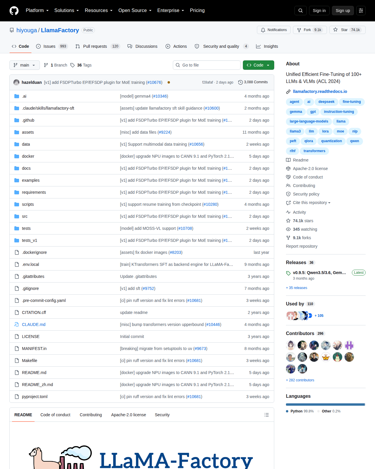 LlamaFactory GitHub 首頁頂部(repo 名 hiyouga/LlamaFactory + 74.1k stars + ACL 2024 描述)