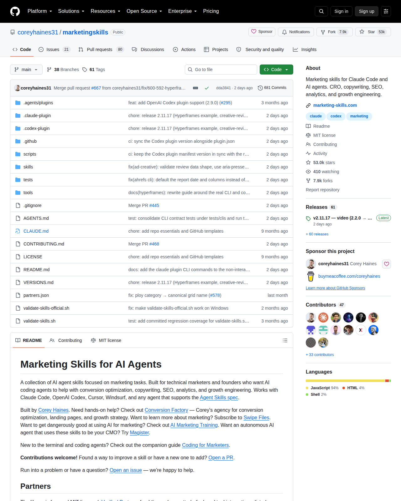 Marketing Skills 的 GitHub 儲存庫首頁頂部，顯示專案名稱 coreyhaines31/marketingskills、主要語言 JavaScript、星標數與 MIT 授權標示