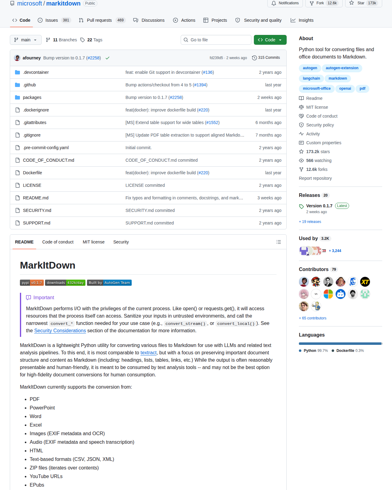 MarkItDown 儲存庫統計區域（79 位貢獻者頭像 + Python 99.7% 語言佔比 + About 區塊，顯示項目的開發規模與技術棧）
