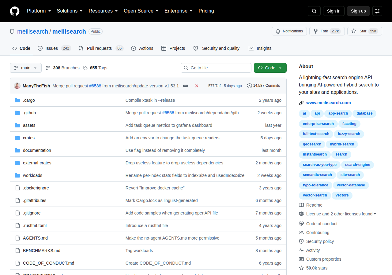 Meilisearch GitHub 首頁頂部截圖（repo 名 meilisearch/meilisearch + Star 59k + 描述 lightning-fast search engine API）