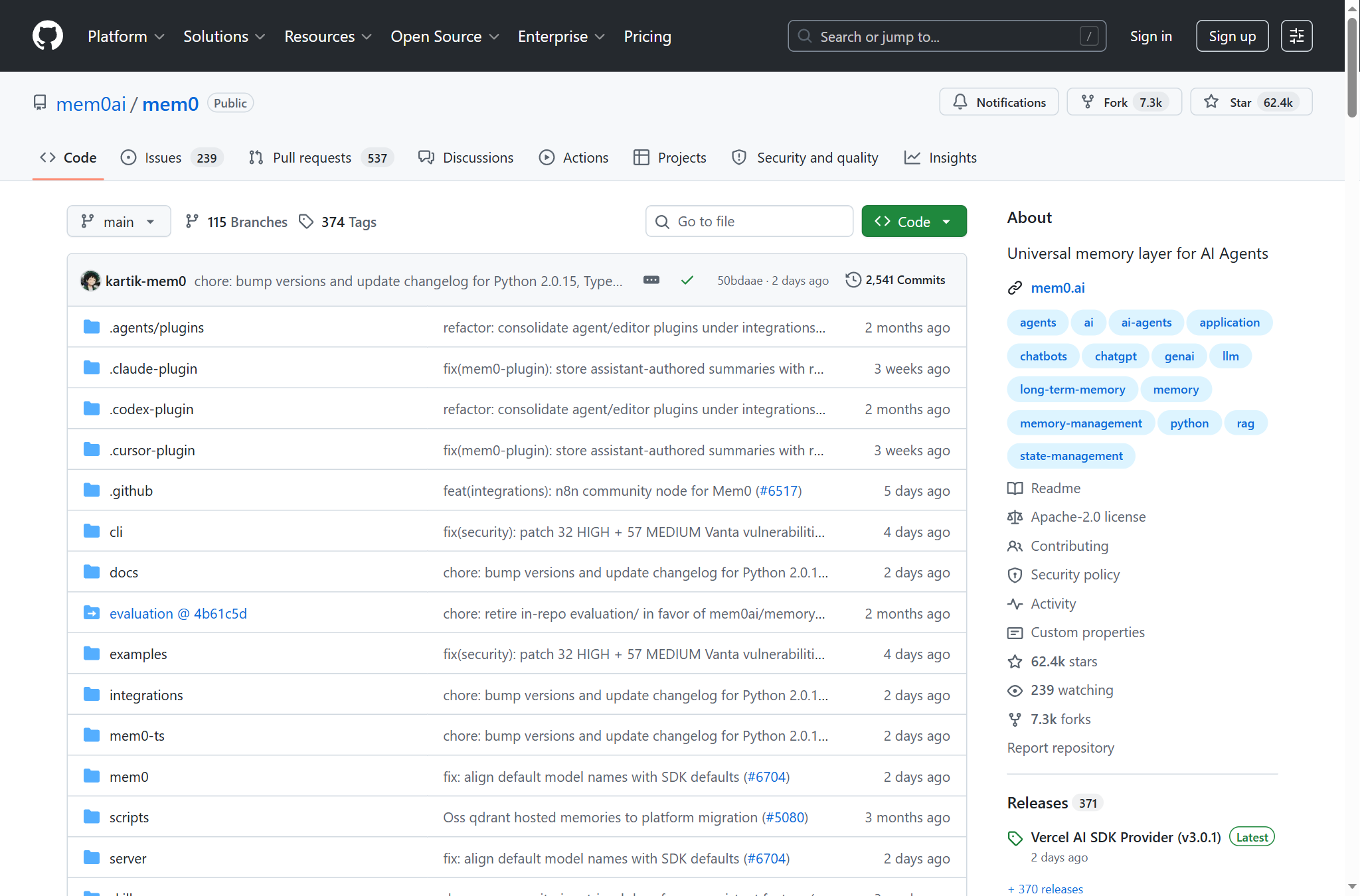 Mem0 GitHub 主頁（62.4k stars）