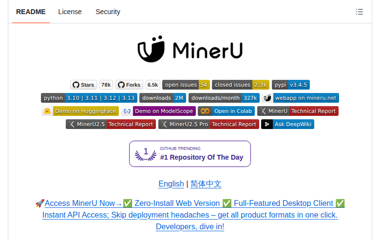 MinerU README 開頭（項目名稱「MinerU」+ 描述「High-accuracy document parsing engine for LLM · RAG · Agent workflows」+ 星標徽章與 PyPI 下載徽章 + Trendshift 熱門項目徽章）