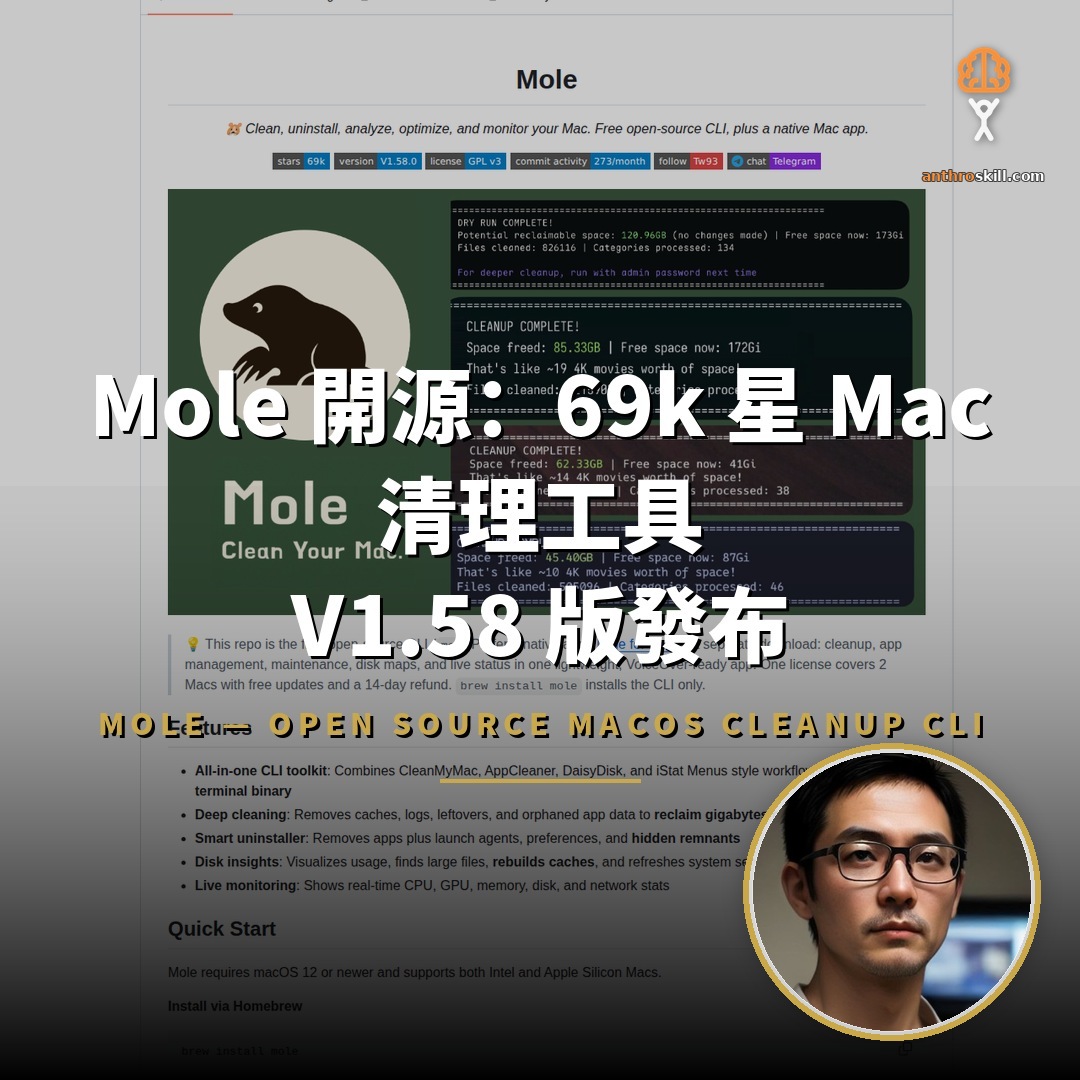 Mole 開源：69k 星 macOS 清理工具 V1.58