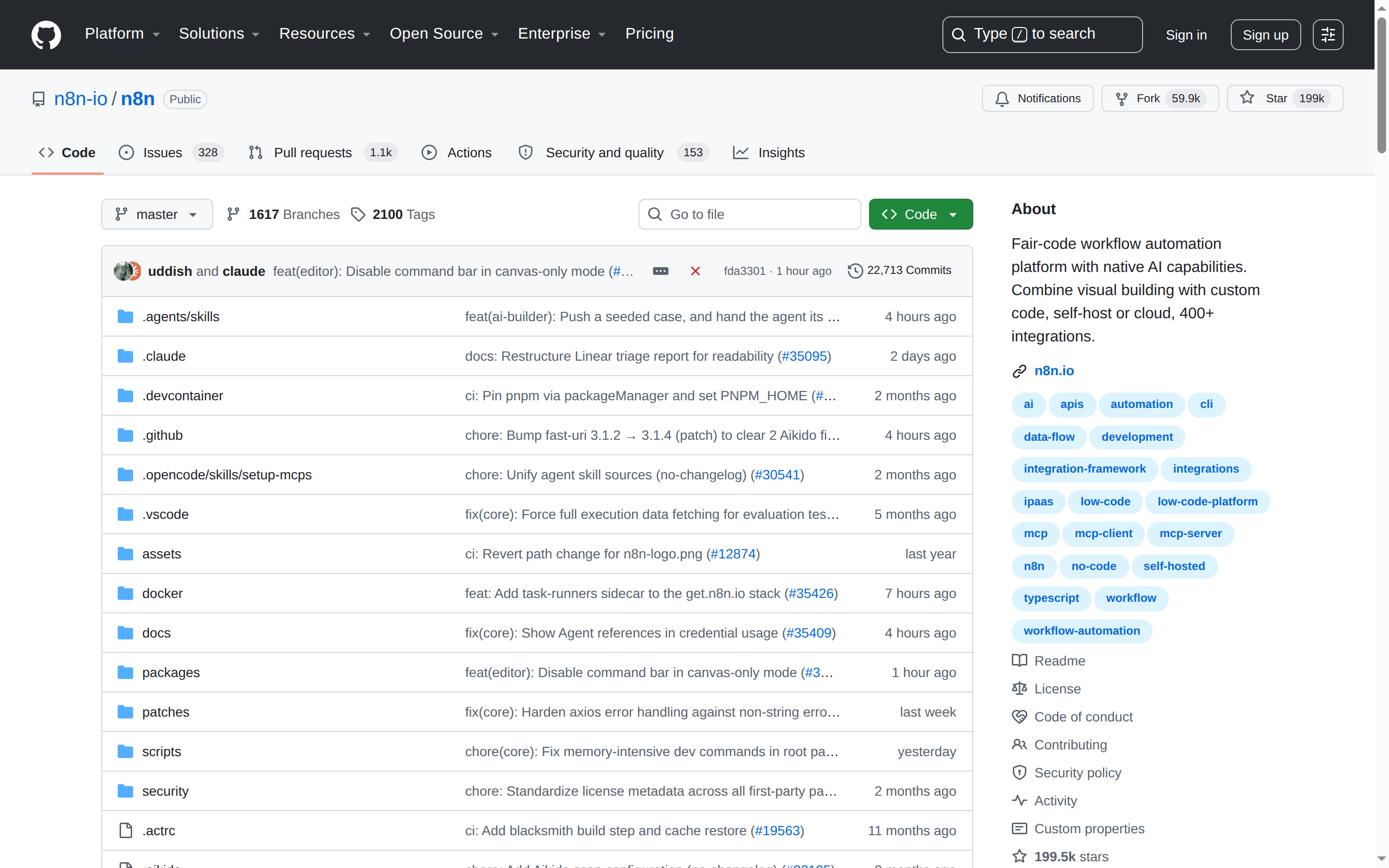 n8n GitHub 主頁（199k stars + 項目描述）