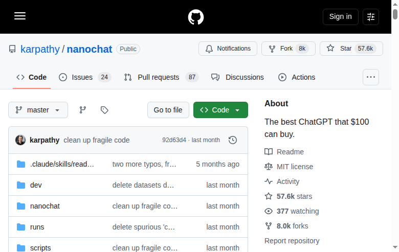 nanochat 的 GitHub 倉庫首頁，顯示倉庫名稱 karpathy/nanochat、58.4k 星標、8.2k 複製數與專案描述
