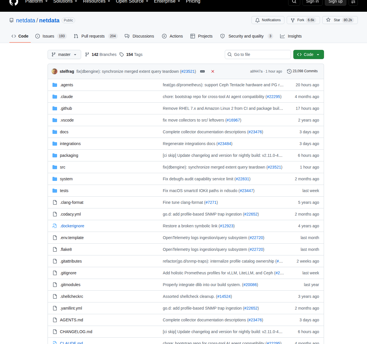 Netdata GitHub 專案主頁（顯示 master 分支與近期提交記錄，反映項目的活躍開發狀態）