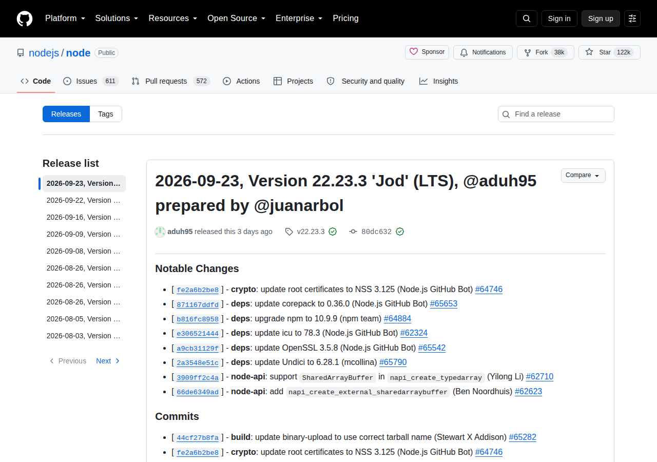 Node.js 發布頁（現行版本 v26.10.0 與多個長期支援版本清單）