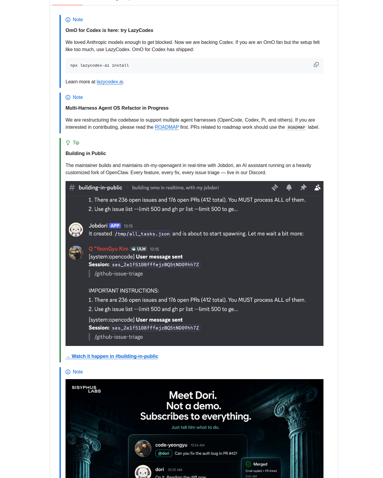 Oh My OpenAgent README 開頭（項目名稱 Oh My OpenAgent 與標語，顯示「Unleash your agents」的開發代理框架定位）