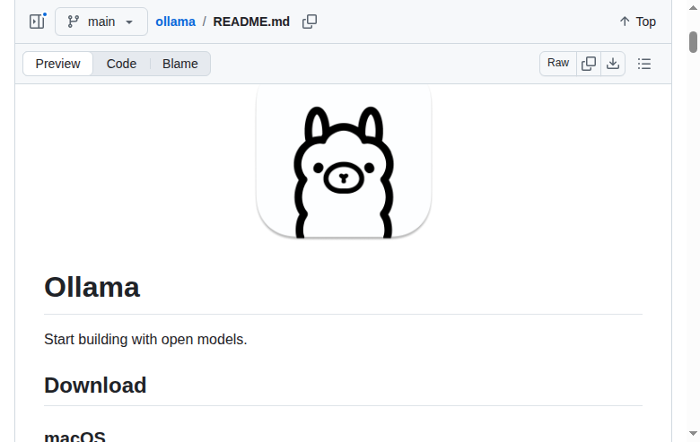 Ollama README 開頭（項目名稱與 Start building with open models 標語）