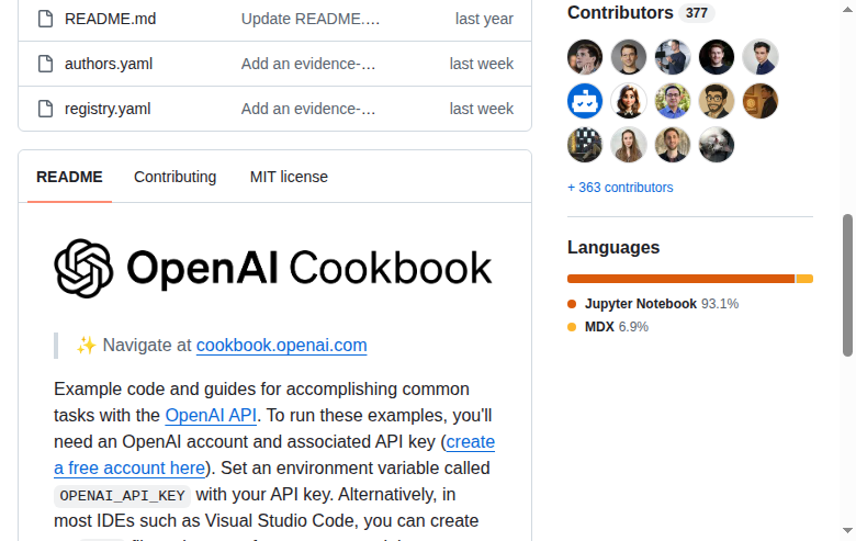 OpenAI Cookbook GitHub 統計數據（Contributors 377 貢獻者頭像列表）