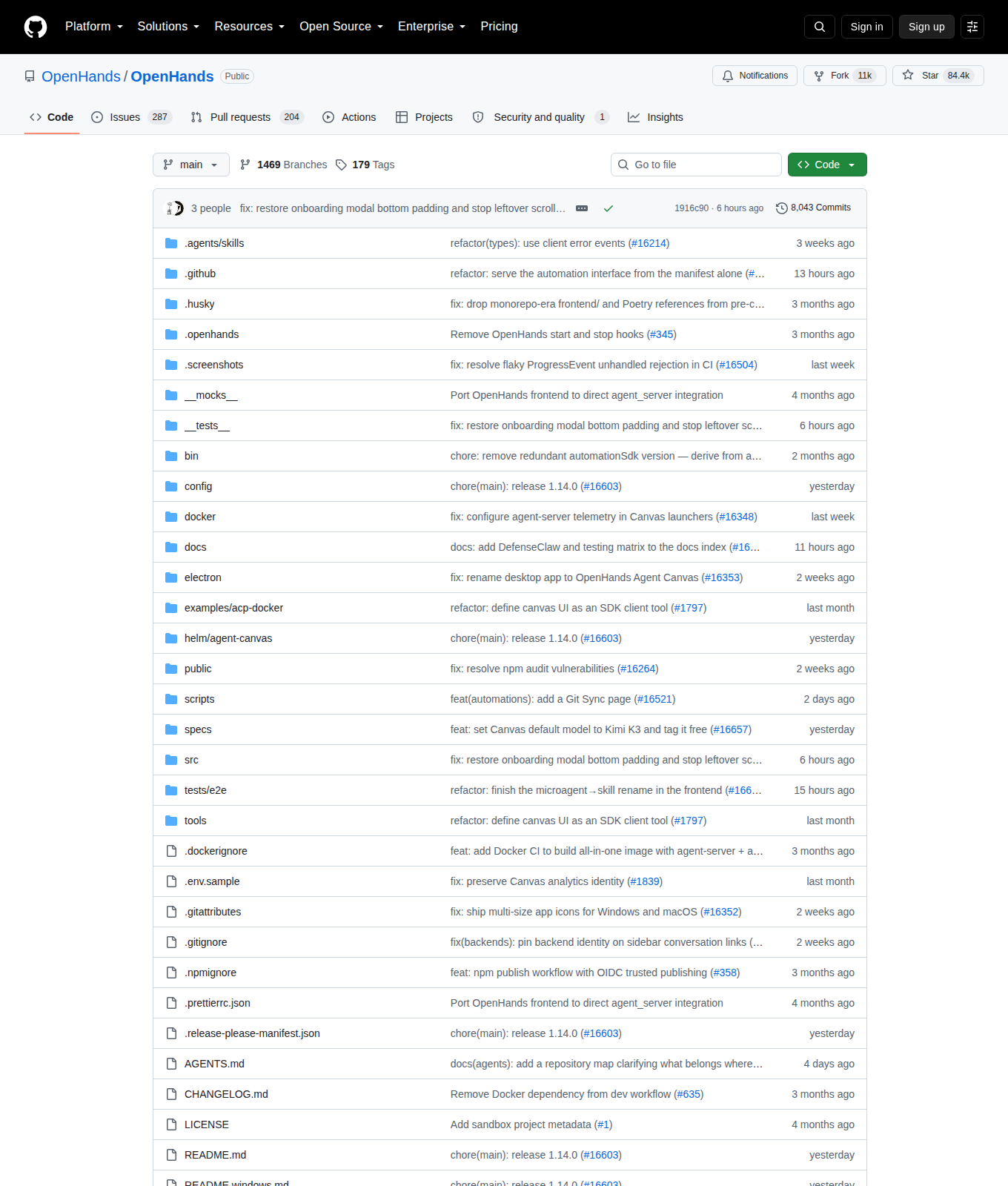 OpenHands GitHub 首頁頂部（repo 名 OpenHands/OpenHands + Star 84.4k + Fork 11k + 描述）